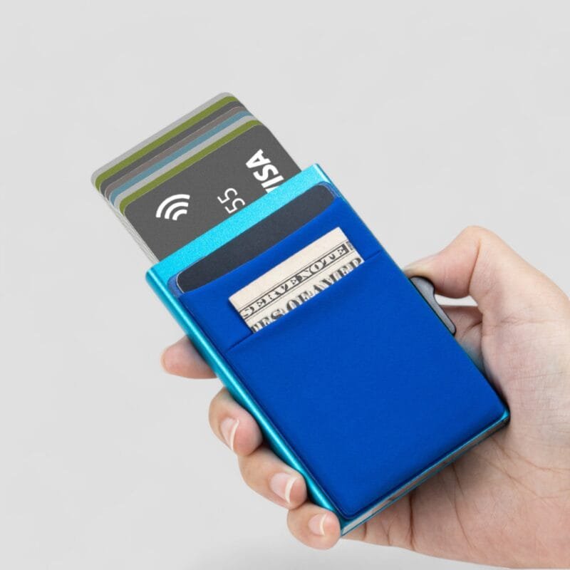 Minimalist Aluminum Pop-Up RFID Wallet – Blue